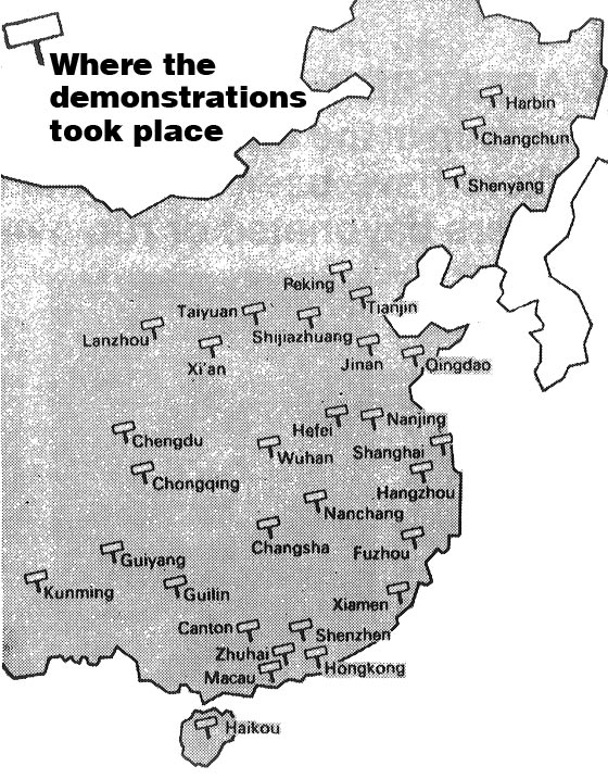 Kina 1989: Kort over protester